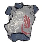 A blue and gray t-shirt made of paper, with swirls of white and red on the chest