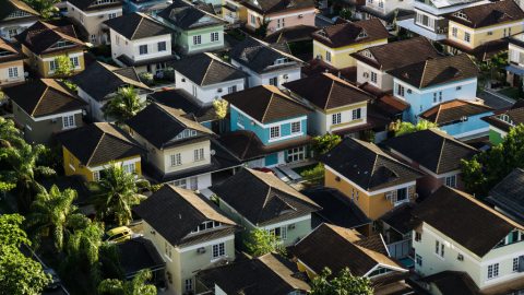 Stock image of an aerial view of houses in a neighborhood
