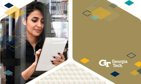 Woman with dark hair and black top looks at a tablet. Image includes the Georgia Tech logo.