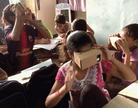 Photo of Seventh-grade students at Vikas using Google Expeditions during their history lesson.