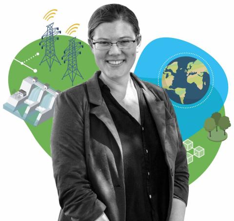 Portrait of Emily Grubert with Earth, environment, and infrastructure graphics in the background.