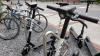 Several Bird electric scooters parked near bikes in a bike rack. (Photo: Joshua Stewart)