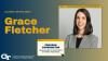 Text reads "Alumni Spotlight, Grace Fletcher" and the School of Public Policy logo. Fletcher's headshot is in a frame shaped like a desktop browser, with her title underneath.