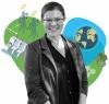 Portrait of Emily Grubert with Earth, environment, and infrastructure graphics in the background.