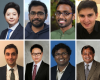 photograph of interposer researchers: Top row L-R: Jinwoo Kim, Chaitanya Krishna Chekuri, Nael Mizanur Rahman, and Majid Ahadi Dolatsara. Bottom row L-R: Hakki Torun, Sung Kyu Lim, Saibal Mukhopadhyay, and Madhavan Swaminathan.