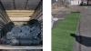 two images side by side. on the left is the interior of a truck container, stacked with gigantic rolls of artificial turf. on the right is a section of turf rolled out on the pavement.